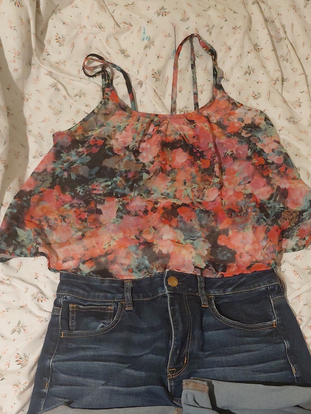 Decree Floral Sheer Spaghetti Strap Camisole - Coral, Teal, Black